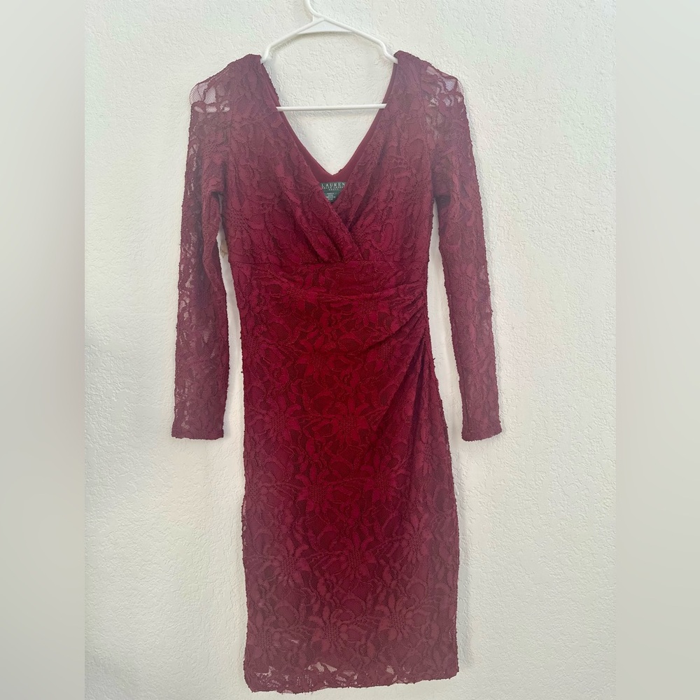 Ralph Lauren Red V-Neck Long Sleeve Sheath Dress